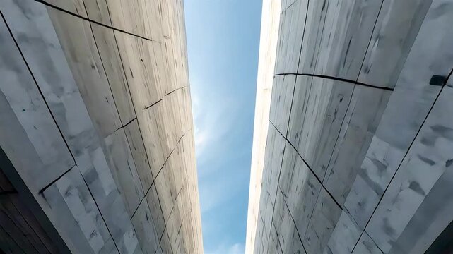 Upward view between curved concrete architectural walls revealing narrow blue sky creating strong geometric perspective and modern urban design mood