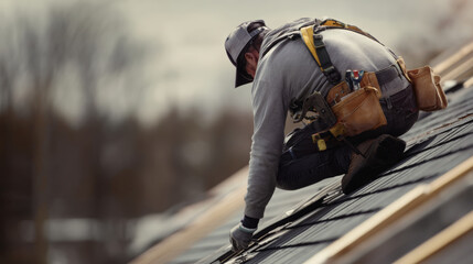 Roofer working on a house roof, installing asphalt shingles, wearing protective gear like a safety harness and gloves, ensuring safe and efficient construction