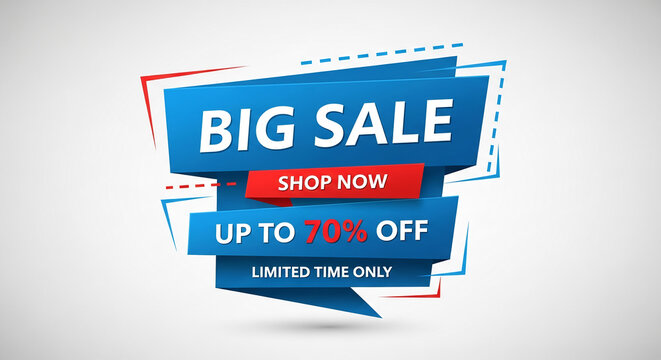 Blue and red sale banner with text "Big Sale", "Shop Now", "Up to 70% off", "Limited Time Only"  Showcase design ideal for advertising discounts