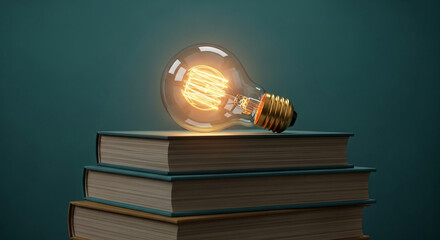 Illuminated lightbulb rests on a stack of books against a teal background, symbolizing knowledge, ideas, and learning