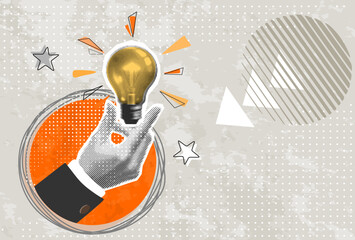 Trendy halftone collage banner with hand giving lightbulb. Concept of creative idea or brainstorm. Contemporary vector illustration	
