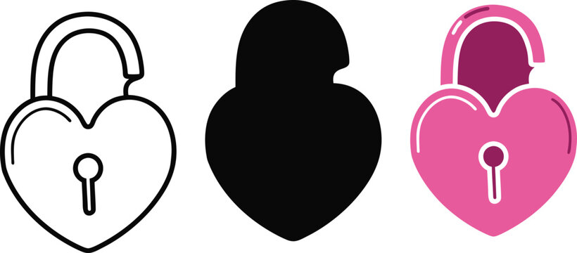 Heart shaped padlock outline silhouette and colored icon Keywords: heart, padlock, lock