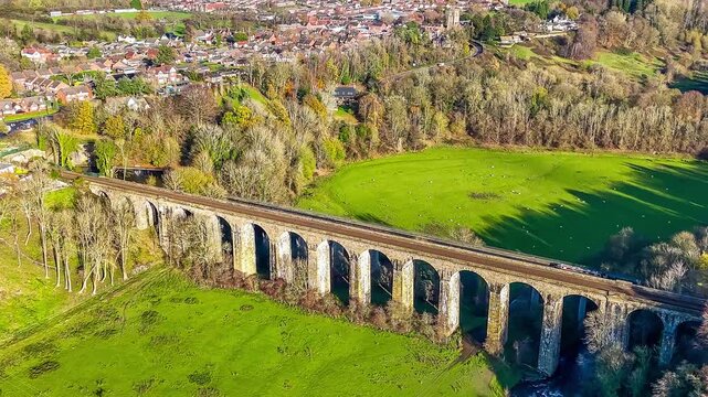 A rotating aerial view of the Chirk viaduct in Wrexham, Wales