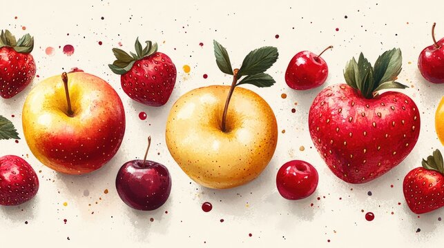 Seamless pattern with strawberries apples and cherrie. Boho fruit repeating pattern for nursery decor