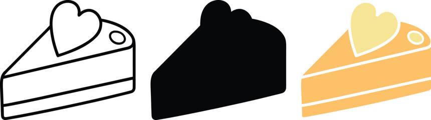 Slice of cake with heart decoration in three styles dessert