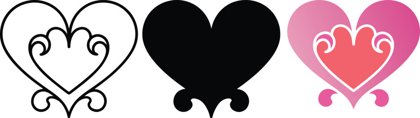 Three decorative hearts one outlined one black and one pink with ornate details love
