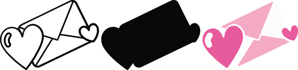 Three envelope icons with hearts in outline silhouette and color letter mail