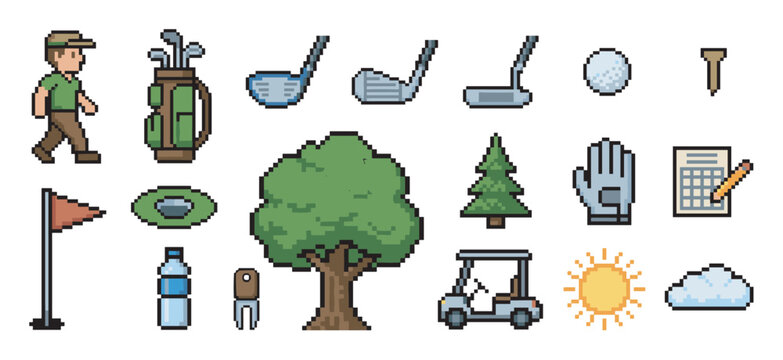 Collection of golf-themed pixel art icons including a golfer, clubs, ball, cart, and course elements in a retro 8-bit video game style