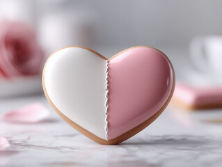 Pink and white heart shaped Valentine's Day cookie with glossy mirror glaze
