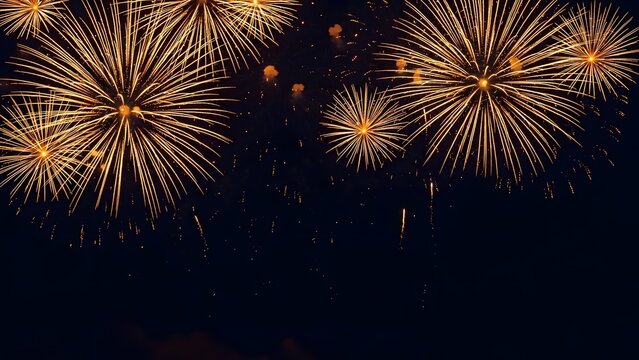 Vibrant fireworks exploding in the night sky with bright lights and colors