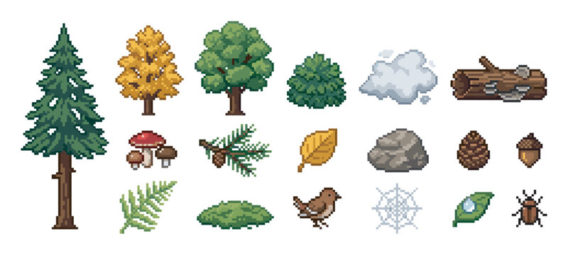 Pixel art collection of various forest elements including a pine tree, deciduous tree, mushroom, acorn, bird, and bug in a classic 8-bit retro video game style