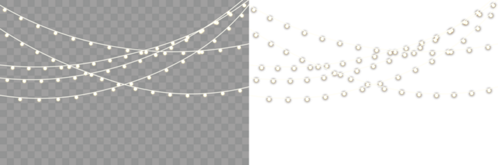 Golden festoon lights in glowing style for winter celebration. Transparent PNG. For christmas, new year, or celebration event. Bright gold isolated winter festive garland christmas light party glow.