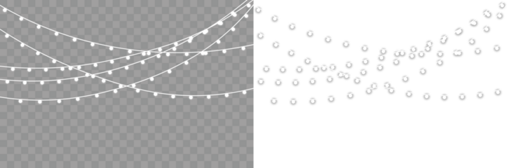 Perfect for festive holiday decoration, winter banners and decorative vector compositions. Glowing Christmas garland light with white illumination and gold accents. Glowing with sparkling LED lights.