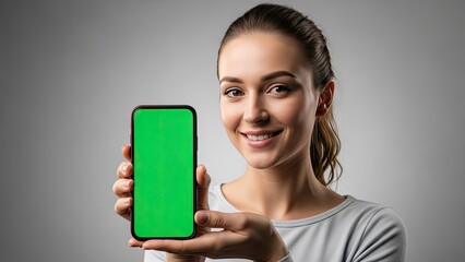 Smiling young woman presenting a smartphone with a green screen for digital content display