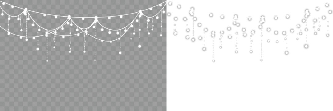 Perfect for festive holiday decoration, winter banners and decorative vector compositions. Glowing Christmas garland light with white illumination and gold accents. Glowing with sparkling LED lights. - Powered by Adobe