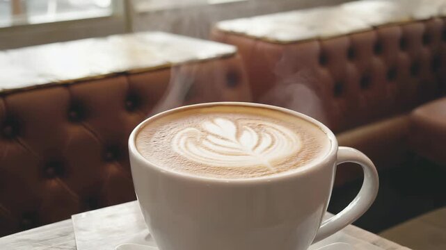 Hot, freshly brewed cappuccino with delicate latte art sits on table in cozy cafe. Morning coffee break in relaxing atmosphere. Hospitality and lifestyle. Represents daily pleasure and relaxation