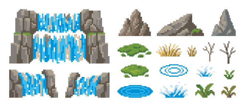 Collection of 8-bit pixel art sprites for a video game, featuring environmental objects like a cascading waterfall, stones, grass, trees, and various water animations