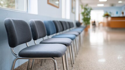 Row of gray chairs in a waiting room. the chairs are arranged in a straight line and are facing towards the right side of the image.