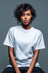 Fototapeta premium Woman with curly hair sitting against a gray background