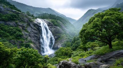 Fototapeta premium Waterfall cascading down green mountain valley