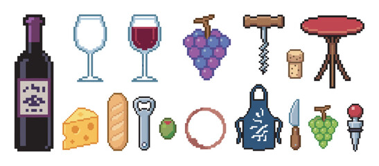 Set of pixel art wine icons including a bottle, glass, grapes, cheese, and corkscrew in a retro 8-bit video game style collection for a tasting or sommelier theme