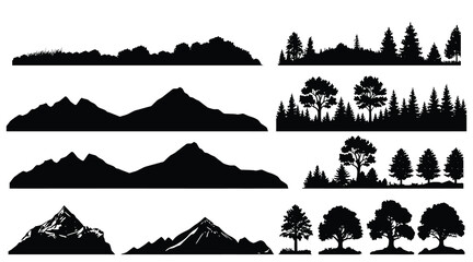 Set of vector nature silhouettes - mountains, trees, mountains and glaciers - design elements - mountain ranges, hills and forests