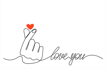One continuous line drawing of Female hand making a Korean heart gesture with thumb and index finger forming a tiny heart shape. Symbolizing love, care, and affection.  Hand drawn.Editable stroke	