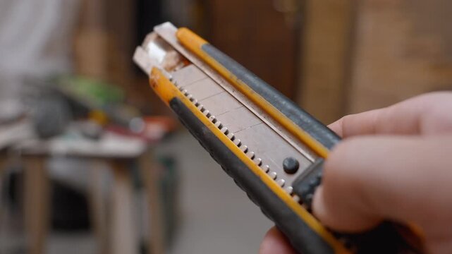 Close-up of a worker's hand extending and retracting the sharp metal blade of a utility knife, a common tool for cutting materials found in construction and workshops environments