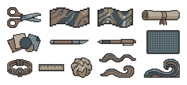 Set of pixel art craft supply icons including scissors, paper, a scroll, a pen, and a ruler in a retro 8-bit video game style for a creative project or inventory asset