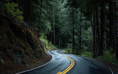 Obraz premium A winding asphalt road curves through a dense, dark forest with mossy slopes