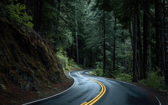 A winding asphalt road curves through a dense, dark forest with mossy slopes