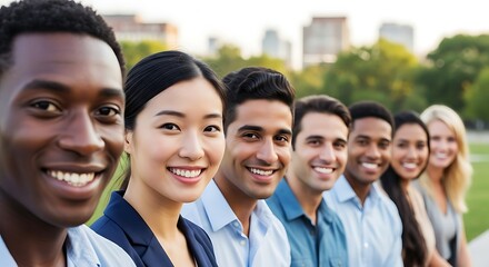 A diverse group of young professionals smiling and looking at the camera outdoors