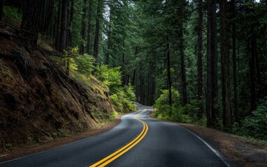 Obraz premium Winding asphalt road curves through a dense, verdant forest of tall trees