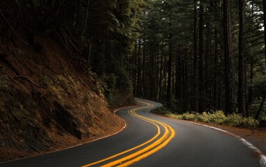 Obraz premium Winding asphalt road through a dark, dense evergreen forest