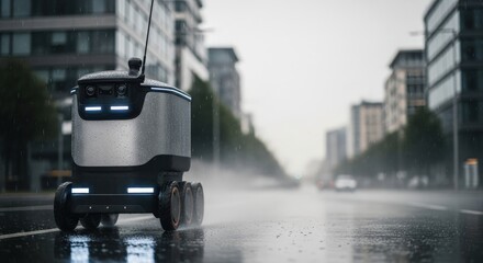 Autonomous delivery robot on wet street. Futuristic courier machine navigating city in rainy weather. Smart logistics service