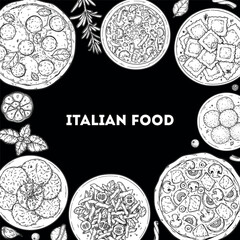 Italian cuisine. Italian food top view. Vector drawing illustration. Set of sketches of Italian dishes. Food menu design template. Not AI generated.