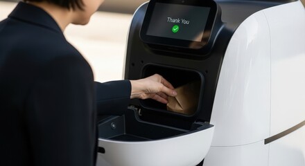 Woman receiving package from robotic delivery drone. Automated last mile parcel service. Future of logistics and e-commerce for modern retail