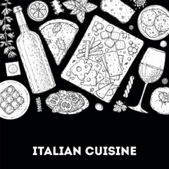 Italian cuisine. Italian food top view. Vector drawing illustration. Set of sketches of Italian dishes. Food menu design template. Not AI generated.