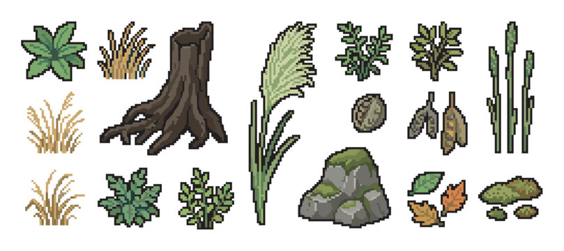 Collection of pixel art nature assets for video game design, featuring a tree stump, mossy rocks, grass, leaves, and various plants in a retro 8-bit style