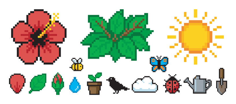Set of pixel art nature icons featuring a hibiscus flower, sun, leaves, insects, and gardening tools in a retro 8-bit video game style for a creative project