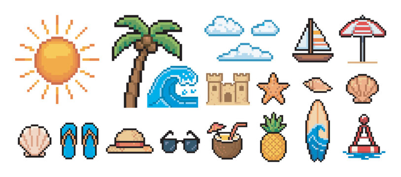 Set of summer beach pixel art icons including a sun, palm tree, wave, and sandcastle in a colorful and nostalgic 8-bit video game style illustration