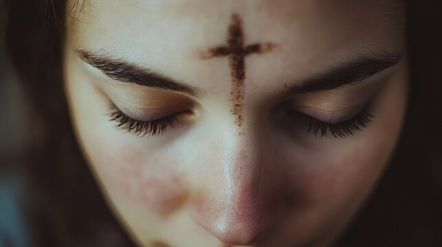 A woman with a cross of ash on her forehead during a Christian religious ceremony