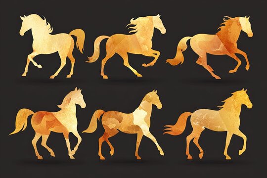 Colorful watercolor illustration of six different horse silhouettes in dynamic poses, showcasing various shades of orange and yellow against a dark background with copy space
