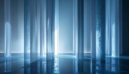 Minimalist glass partition with ethereal vertical light rays