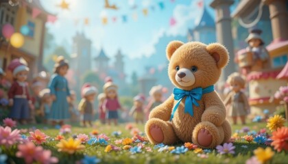 Whimsical toy bear in a festive meadow