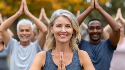 Diverse senior group enjoying outdoor yoga for wellness