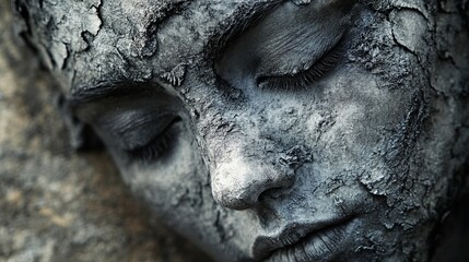 A serene stone sculpture of a face with closed eyes and a peaceful expression