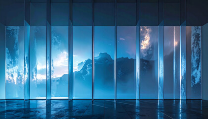 Modern architectural glass detail with foggy mountain view