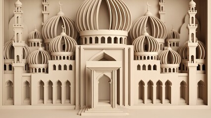 Intricate architectural model of a grand mosque with multiple domes and minarets