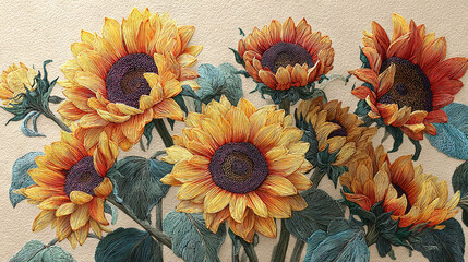 Intricate Embroidery Art of Sunflowers with Green Leaves